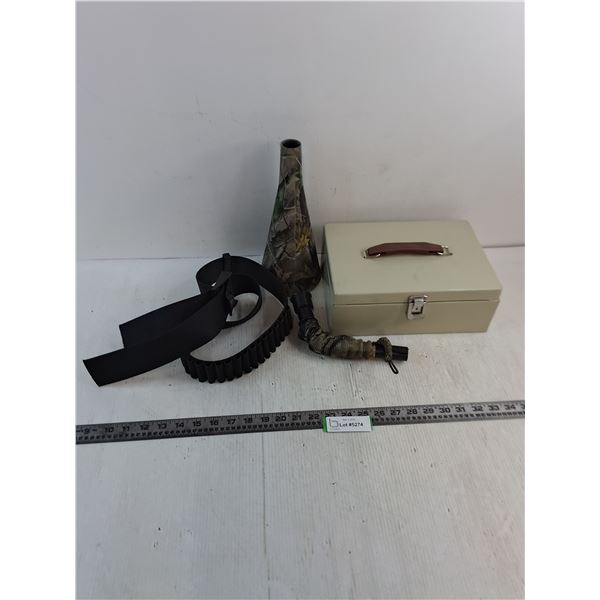 Camo Animal Calls, Ammo Belt, Metal Lock Box - Mechanism Broken