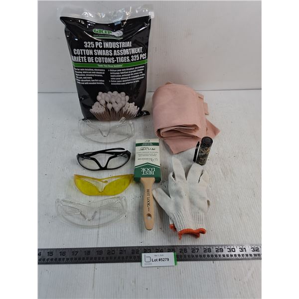 Sealed Cotton Swabs, Safety Glasses, New Paint Brush, Garden Gloves, LED Flashlight, Misc.
