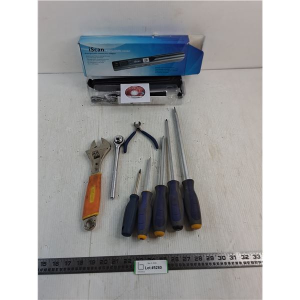iScan Wand Scanner - Appears Unused, Set of Screwdrivers, Large Crescent Wrench, Misc.