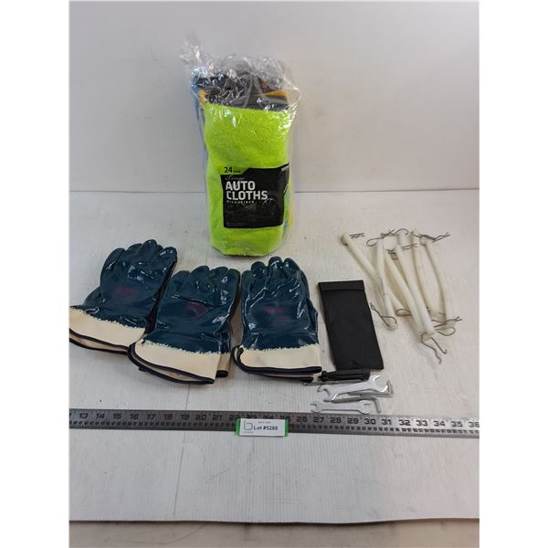 (3) Pair of Hycron Coated Large Gloves, Sealed 24-Pack Auto Cloths, Assorted Tools, Plastic Hangers