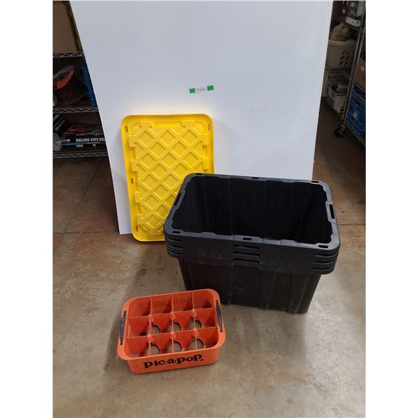 *(4) Plastic Storage Totes w/ (3) Lids 28" x 19" x 15" , Pic A Pop Bottle Crate, PICKUP ONLY