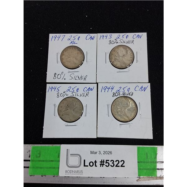 ^Vintage 1943 - 1947 Canadian 25 Cents 80% Silver Coins - Collectible