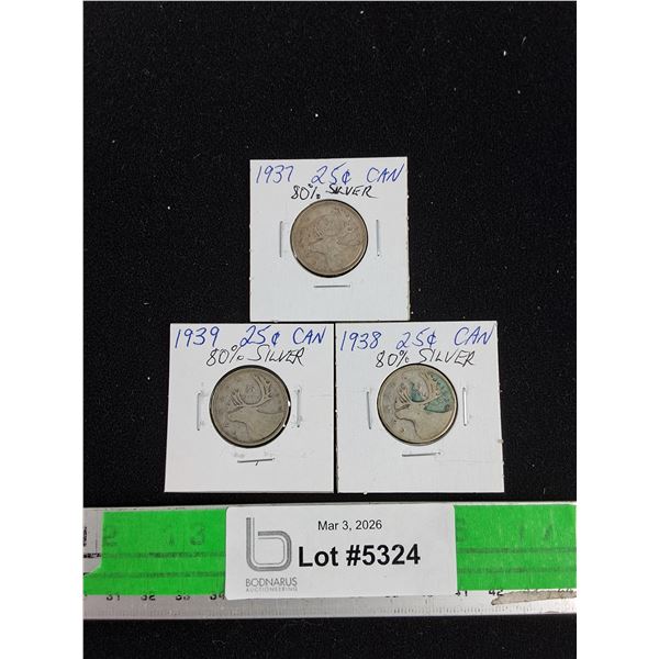 ^Vintage 1937-1939 Canadian 25 Cents 80% Silver Coins - Collectible