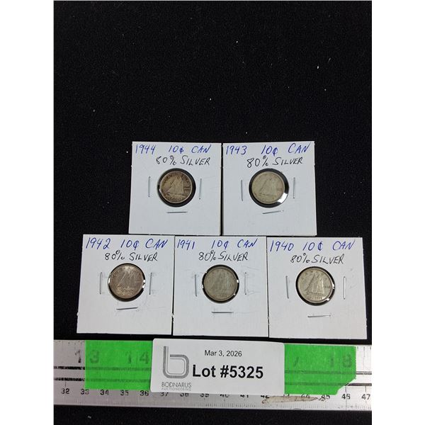 ^Vintage 1940-1944 Canadian 10 Cents 80% Silver Coins - Collectible