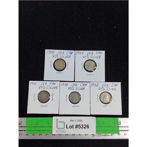 ^Vintage 1940-1944 Canadian 10 Cents 80% Silver Coins - Collectible
