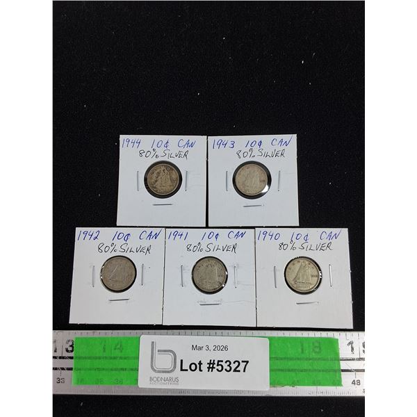 ^Vintage 1940 - 1944 Canadian 10 Cents Coins - 80% Silver, Collectible