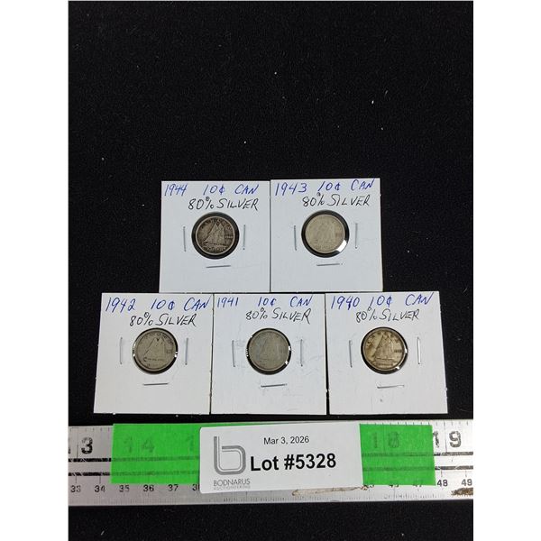 ^Vintage 1940-1944 Canadian 10 Cents 80% Silver Coins - Collectible