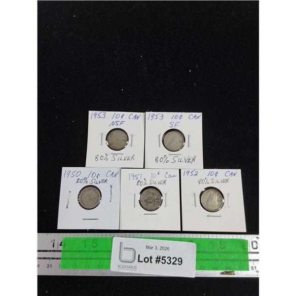 ^Vintage 1950-1953 Canadian 10 Cents 80% Silver Coins - Collectible
