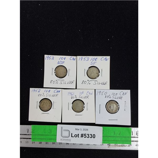 ^Vintage 1950-1953 Canadian 10 Cents 80% Silver Coins - Collectible