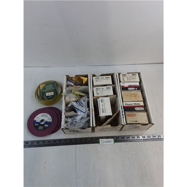 (3) Parts Boxes w/Contents (Chainsaw Parts, Grinding Wheels, Misc.)