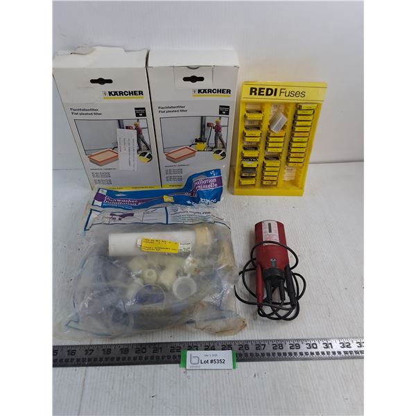 (2) NIB Karcher Air Filters, Assorted Redi Auto Fuses, Voltage Tester, Sealed Dishwasher Install Kit