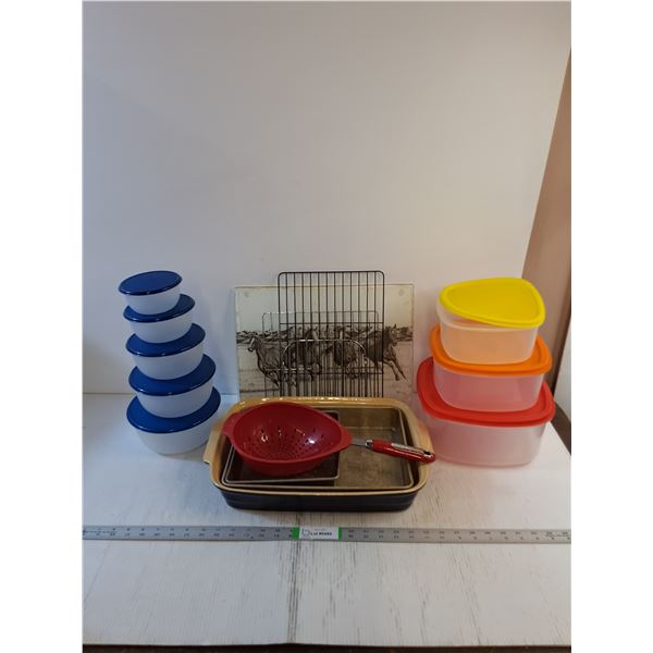 Assorted- Kitchenware- Sealed Container, Baking Dish, Pans, Cutting Board