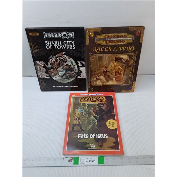 (3) D & D Books- Races of the Wild, Fate of Istus & Sharn: City of Towers