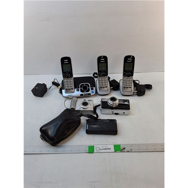 (3) Cordless Home Phones- Power On, (2) Cameras & Mini Cassette Recorder- As Is