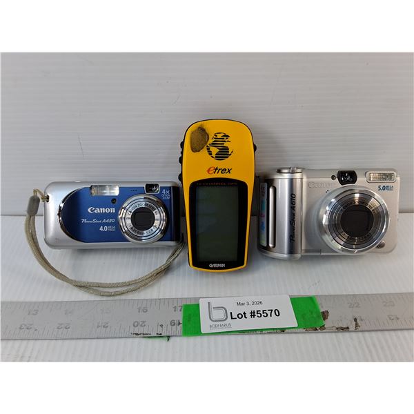 Garmin Etrex GPS- Powers On & (2) Canon Cameras- As Is