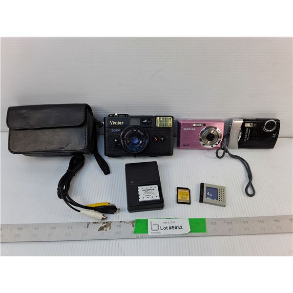 (3) Cameras- Vivitar, Samsung, Olympus- As Is, SD Cards & Case