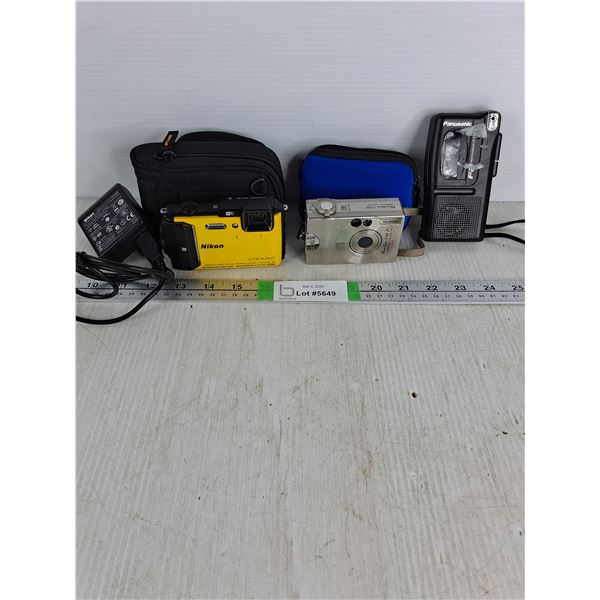 (2) Digital Cameras-Nikon and Canon and Panasonic Microcassette Recorder-as is