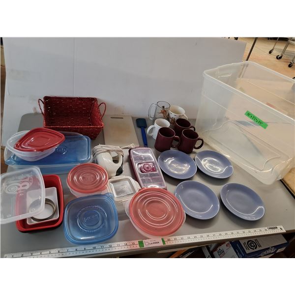 Various Kitchen Items-Plates, Rubbermaid Containers, Electric Mixer- As Is - PICK UP