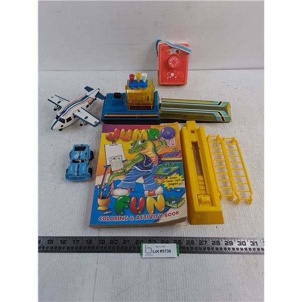 Vintage Toys (Tonka Plane, Blue Box, Fisher-Price Music Box, Coloring Book)