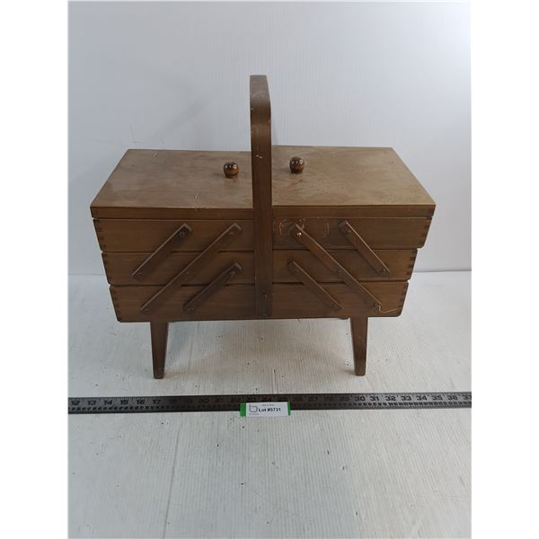 Vintage Wooden "Accordion Style" Sewing Basket w/Contents - 17x10x18" - Some Repair Needed