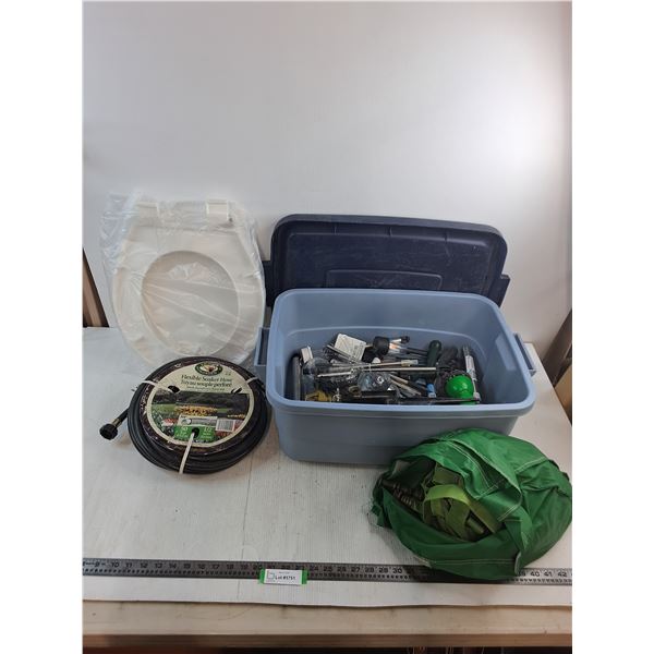 Hoses, Garden Lights, Sprinkler, New Toilet Seat, Storage Tote - 20x15x9" - Pickup Only