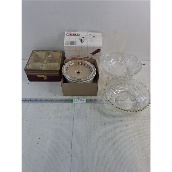 (NIB) Arcoflam Casserole Dish,(4) 50th Anniversary Glasses,(2) Clear Glass Bowls