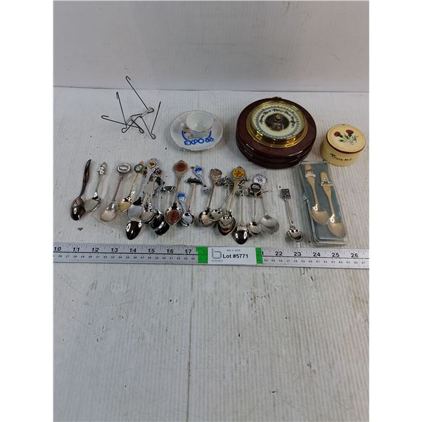 Assorted Souvenir Spoons,Barometer,Trinket Dish,Expo 86 Mini Cup/Saucer