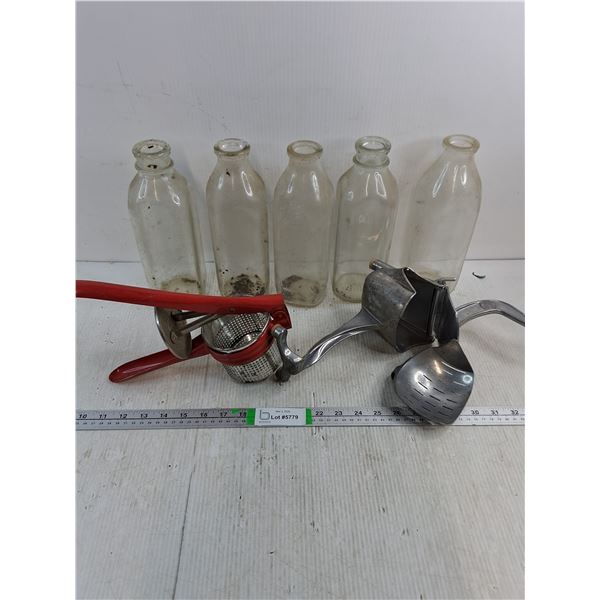 (5) Vintage Glass Milk Bottles,Potato Ricer and Wear-Ever Aluminum Jiffy Juicer