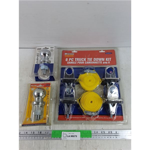 Western Rugged Hitch Balls & 6 pc Truck Tie Down Kit - New