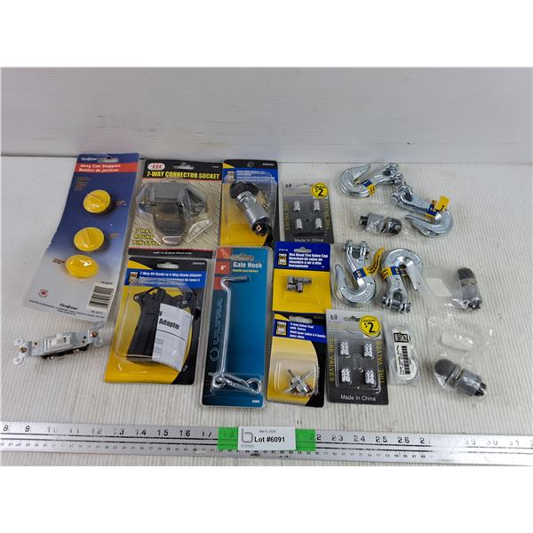 Jerry Can Stoppers, 7 Way to 4 Way RV Blade Adapter, Hooks, Tire Valves, Gate Hook, Misc
