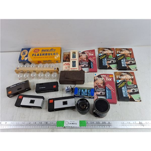 Vintage Flashbulbs & Flash Bars, Pocket Cameras - Concord, Kodak, Winner, Camera Lens