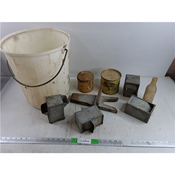 Boot Jack, Vintage Tobacco Cans, Plastic Bucket, Glass Bottle Misc