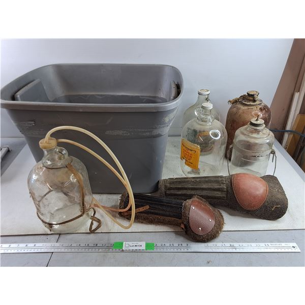 (5) Glass Jugs, Vintage Knee Pads, Plastic Tote 23" x 18" x 15"-Cannot Ship