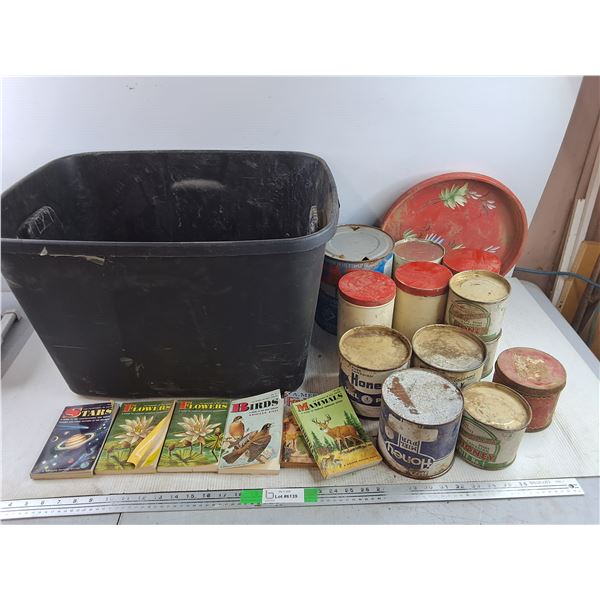 Assorted Vintage Cans, (2) 13" Serving Trays, Books, Plastic Tote 23" x 15" x 17"-Cannot Ship