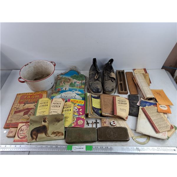 9" Enamel Pot, Pocket Ledger, Vintage Boots - Size 8, Cross Pendants, Misc