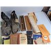 Image 6 : 9" Enamel Pot, Pocket Ledger, Vintage Boots - Size 8, Cross Pendants, Misc