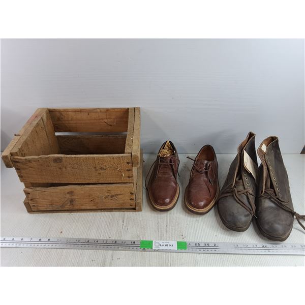 (2)  Pairs of Leather Boots - Size 11 & 12", Wooden Crate 14" x 10" x 9"-Pickup Preferred
