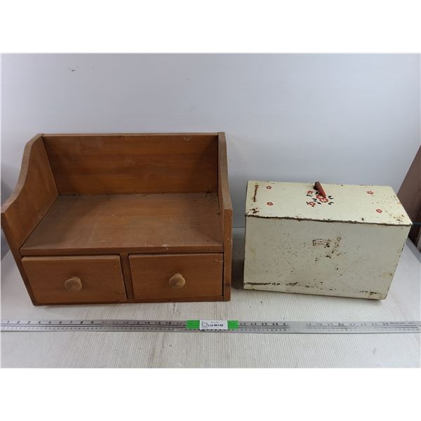 Vintage Wooden Organizer 20" x 11" x 14" & Metal Storage Box-Pickup Preferred