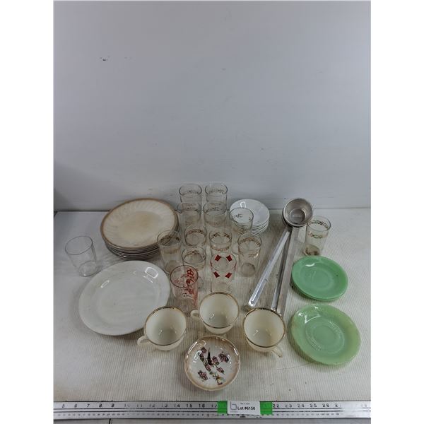 Ceramic Dining Plates, (3) Metal Ladles, Glasses, Tea Cups, Misc