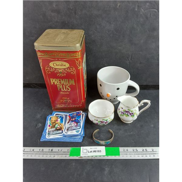 Royal Albert Cream & Sugar Set, Marvel Loblaws Universe Cards, Bracelet, Ceramic Mug, Christie Can