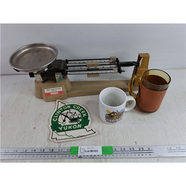 Vintage Yukon Gold Miner Gear -Triple Beam Balance Scale, Ceramic & Amber Glass Mugs, Yukon Patch