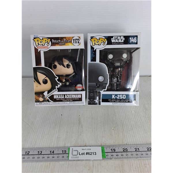 (2) Pop! Figurines- Mikasa Ackerman, K-2S0, NIB