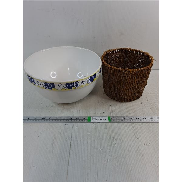 Large Popcorn Bowl and Wicker Basket