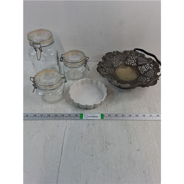 (3) Glass Storage Jars,Silver serving Tray(England) and Oven Dish