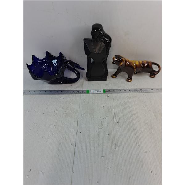 Blue Mountain Pottery Tiger,Blue Glass Swan(chipped) and Black Lady Figure