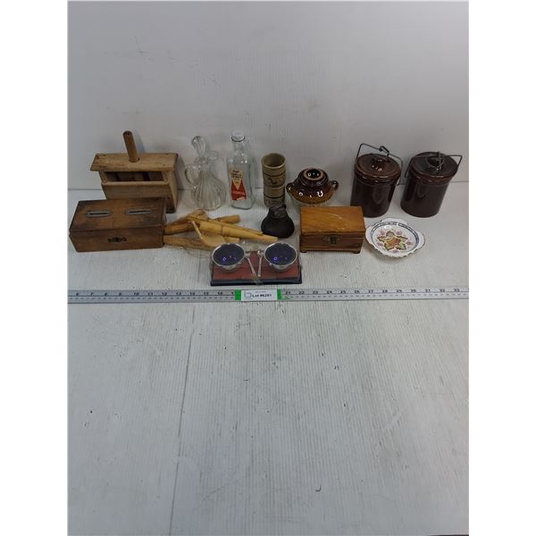 Butter Press,(2) Wood Boxes,(2) Small Crocks,Vinegar Jug,Bean Pot and more in pictures