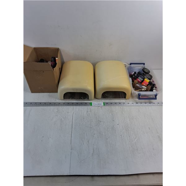 (2) Gel Nails U.V. Lamps (working) and (2) Containers of assorted Nail Polish and Product
