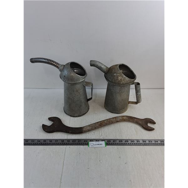 (2) Vintage Oil Cans & Giant Wrench