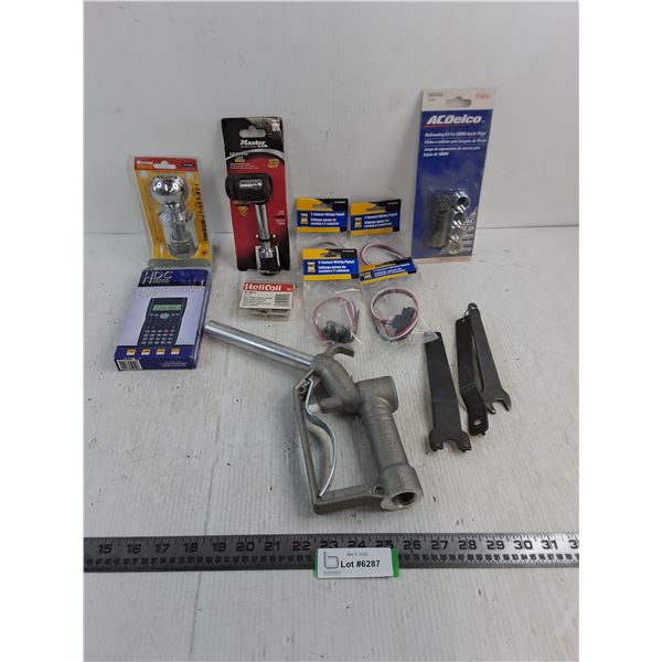 Assorted New & Used (Ball Hitch, Lock, Spark Plug Rethreader, Fuel Nozzle, Pigtails, Calculator)