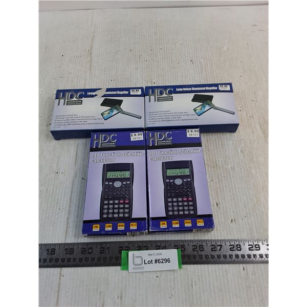 (4) NIB HDC Tools (2-Scientific Calculators, 2-Illuminated Magnifiers)